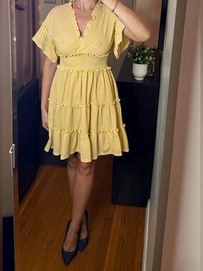 Max Studio Yellow Gingham Ruffle Dress Size S